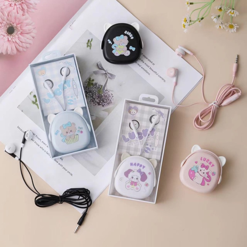 [ XY 80 ] Set Headset Earphone motif l Lucky Happy/ + Wadahpenyimpanan Earphone