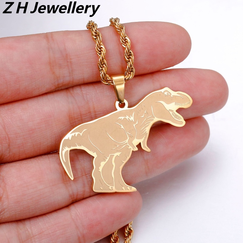 Z H Perhiasan Emas 18K 24K Gold S925 Perak Vintage Punk Tiranosaurus Rex Dinosaurus Liontin Fashion Pria Dan Wanita Anti Karat Kalung Hip Hop Aksesoris Pesta