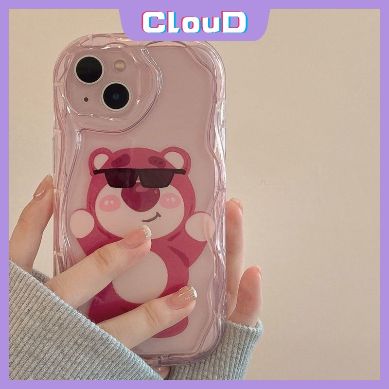 IPHONE Casing Glossy Tepi Melengkung Bergelombang Shockproof 3D Kompatibel Untuk Iphone11 12 14 13 Pro Max 7Plus XR 7 6s 6 8 Plus X XS Max SE 2020 Lembut Mawar Merah Kartun Imut Strawberry Bear Manyo Cover