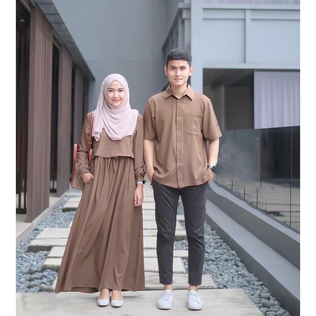Vallina Outfit - Couple Nino Baju Pasangan Gamis Set Kemeja Koko Pendek Eid Mubarok Lebaran Premium