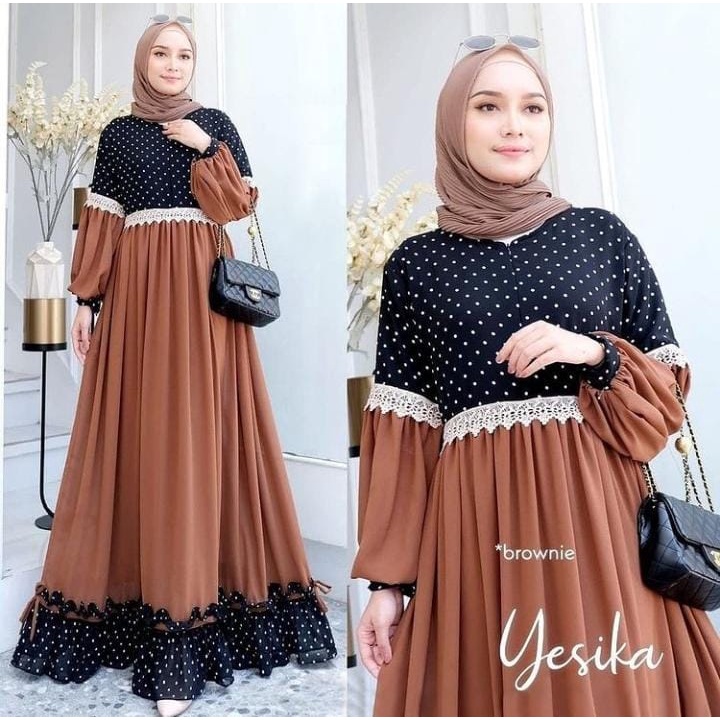 GAMIS STORE - Yesika Dress Polka Mix Cerutty Lapis Premium Fashion Gamis Maxy Gaun Wanita Pesta Kondangan