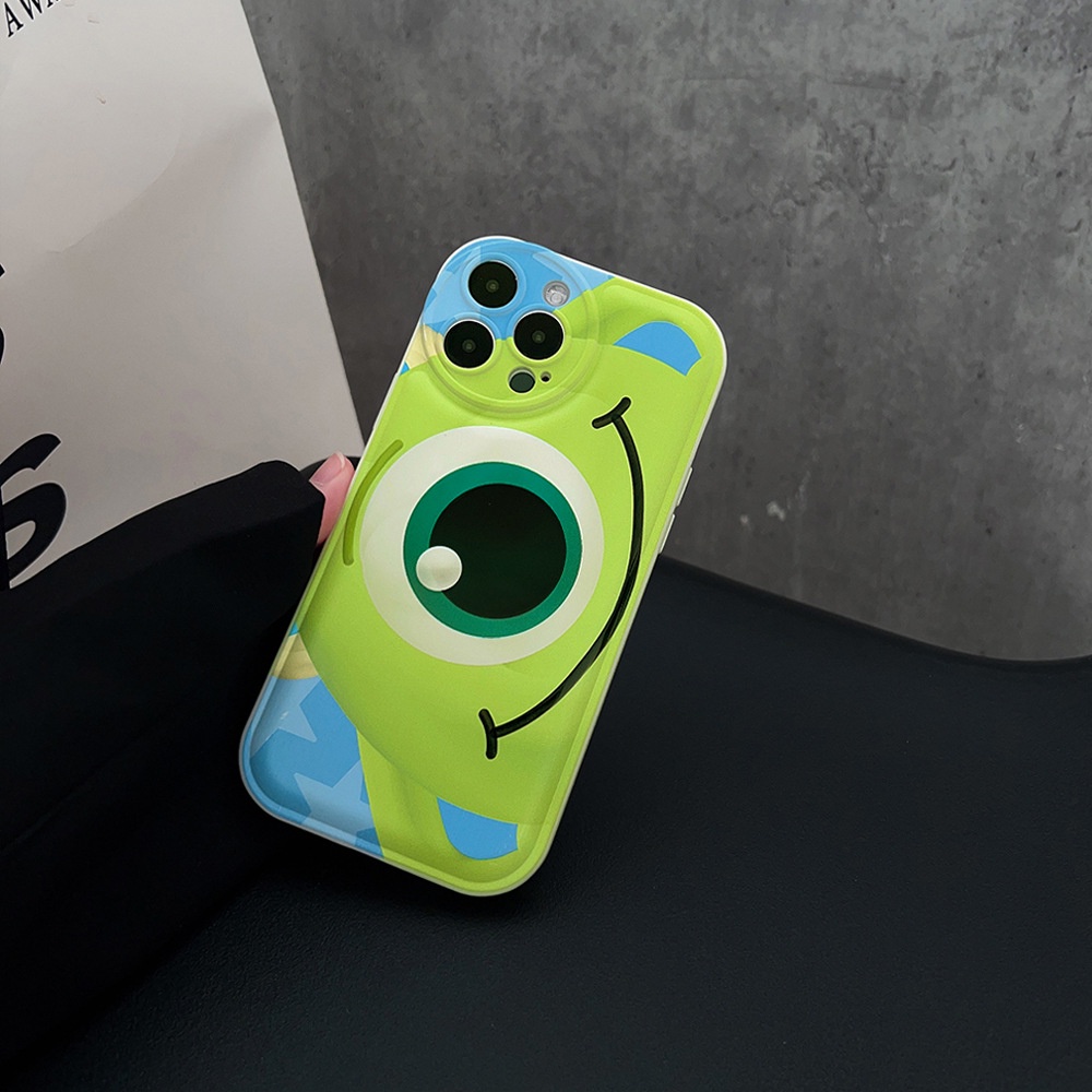 IPHONE Kartun Lucu Little Green Mata Satu Monster Mike Bulat Pelindung Lensa Kamera Soft Phone Case Cover Untuk Iphone7 8 PLUS X XR XS 11 12 13 14 PRO MAX SE 2020