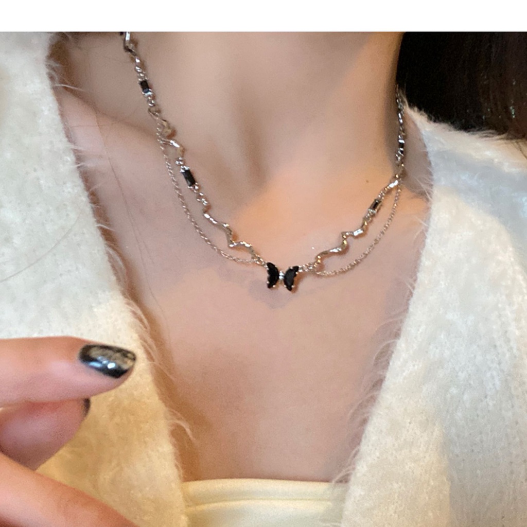 Ifyou Y2K Kalung Liontin Kupu-Kupu Hitam Gelombang Silver Double Layer Chain Choker Untuk Aksesoris Perhiasan Wanita