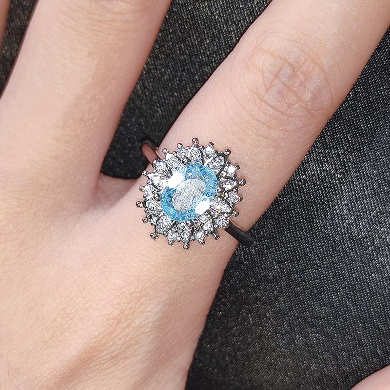 Goldkingdom Aksesoris Perhiasan Fashion Ready Stock Natural Sky Blue Topaz Ring Cincin Warna-Warni Perempuan