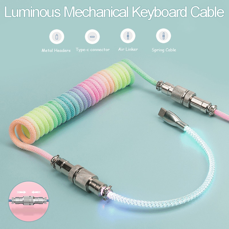 Kabel Colokan Udara RGB Mempesona Glowing Kabel Colokan Navigasi Keyboard Mekanik Gaming Kabel Data Bercahaya Kabel Data Pegas Warna-Warni 3M