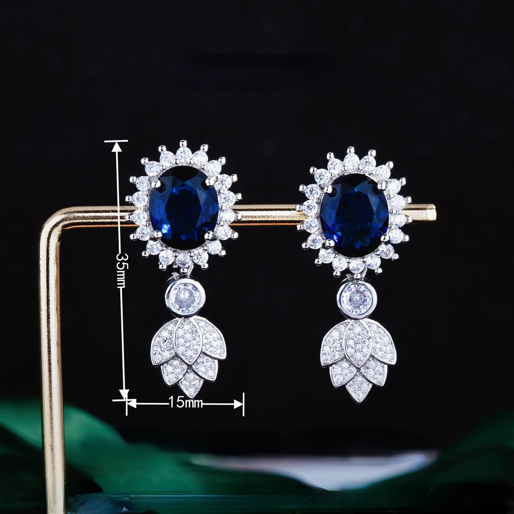 Goldkingdom Aksesoris Perhiasan Fashion Ready Stock Anting Safir Penuh Berlian Srilanka Royal Blue Diamond Anting Panjang