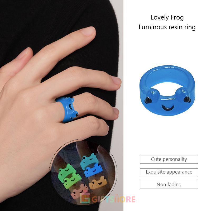 ✨COD Cincin resin katak bercahaya Kartun binatang berwarna-warni Cincin jari yang lucu-GS