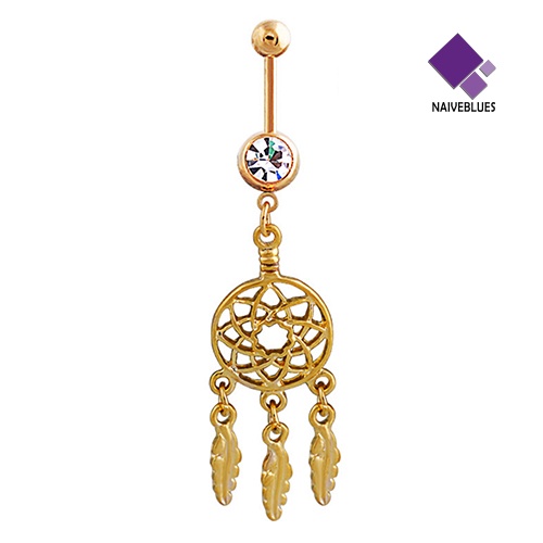 &lt; Naiveblues &gt; Nada Emas Daun Liontin Pusar Barbel Berlian Imitasi Tindik Kancing Cincin