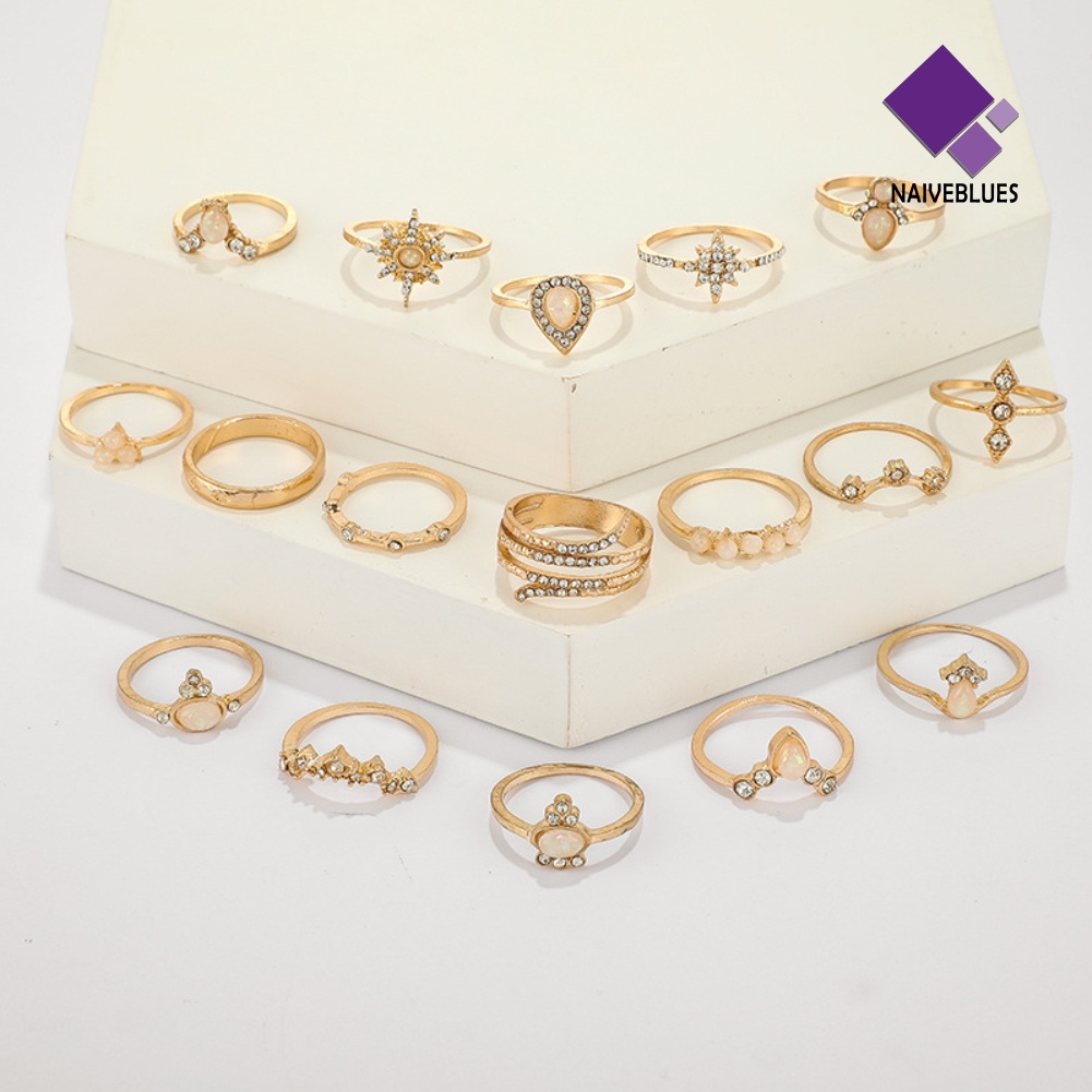 &lt; Naiveblues &gt; 17Pcs/Set Bohemian Wanita Berlian Imitasi Hias Bunga Jari Cincin Hadiah Pesta