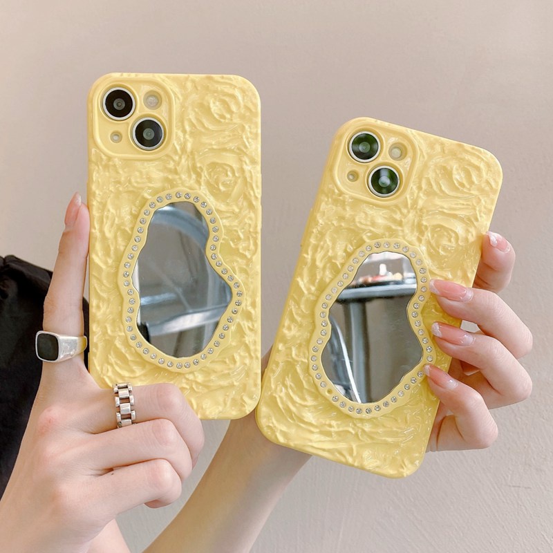 【Rose Flower Mirror】Fashion Pretty Yellow Make up Bling Silicone Case for iPhone 11 12 13 14 Pro Max Phone Case for Women Girl Gift Ins