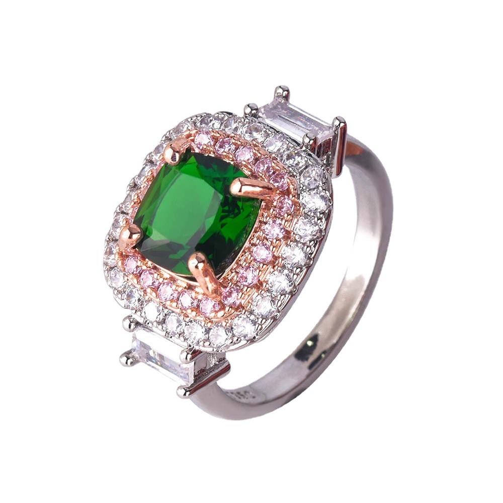 Goldkingdom Aksesoris Perhiasan Fashion Ready Stock Two-tone Emerald Princess Square Diamond Engagement Ring