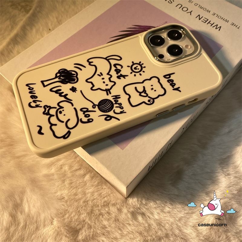 IPHONE Art Kartun Graffiti Flower Phone Case Kompatibel Untuk Iphone11 13 14 12 Pro Max XR 7Plus 8 7 Plus X XS Max Cinta Hati Kucing Anjing Lucu Beruang Plating Metal Frame Lensa Soft Cover