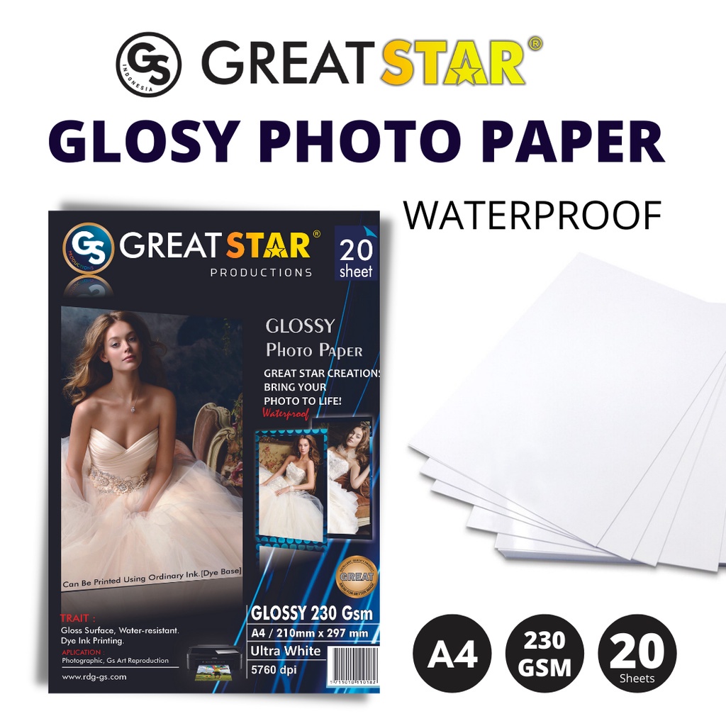 

Glosy photo Paper/KERTAS FOTO great star 230 gsm A4/20