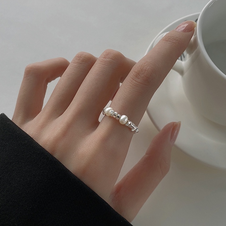 Cincin Jari Rantai Partikel Silver Mutiara Fashion Trendy Untuk Aksesoris Perhiasan Wanita