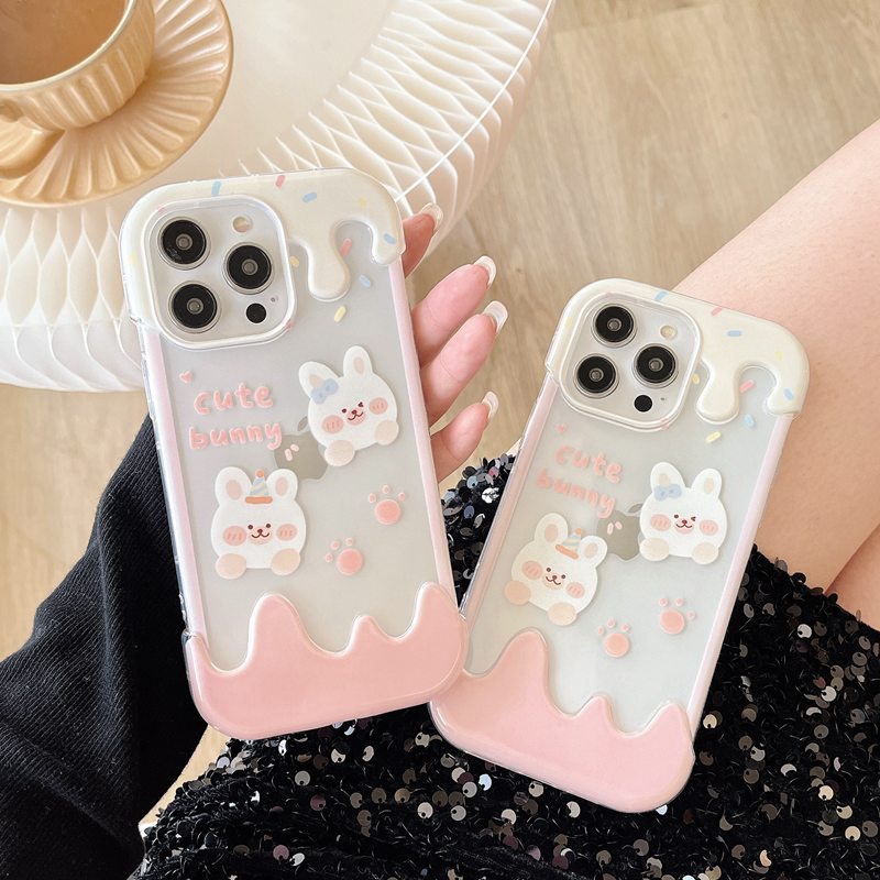 【3D Ice Cream】Summer 3D Soft Case IPhone XR XS Max 11 12 13 14 Pro Max 14 Plus for Women Girl Gift Cartoon Lovely Pin Rabbit Bunny