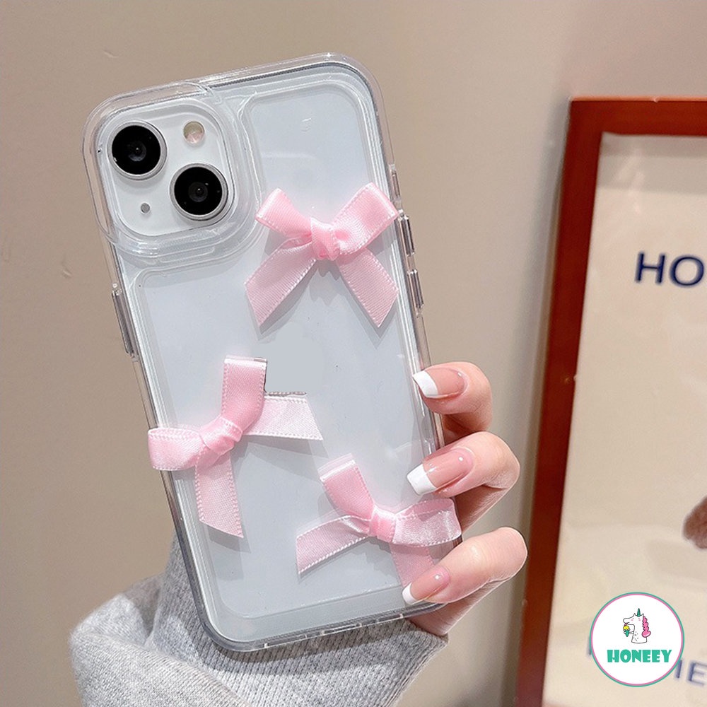 IPHONE Korea Lucu 3D Mutiara Pita Busur Lembut Transparan Phone Case Untuk Iphone14 13 12 11 Pro Max 14 Pro Lembut Shockproof Cover