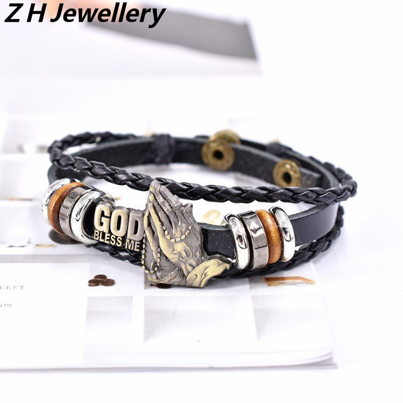 Z H Perhiasan Vintage God Bless Prayer Beaded Leather Bracelet Fashion Pria Dan Wanita Anti Karat Multilayer Gelang Punk Pesta Rock Perhiasan Aksesoris