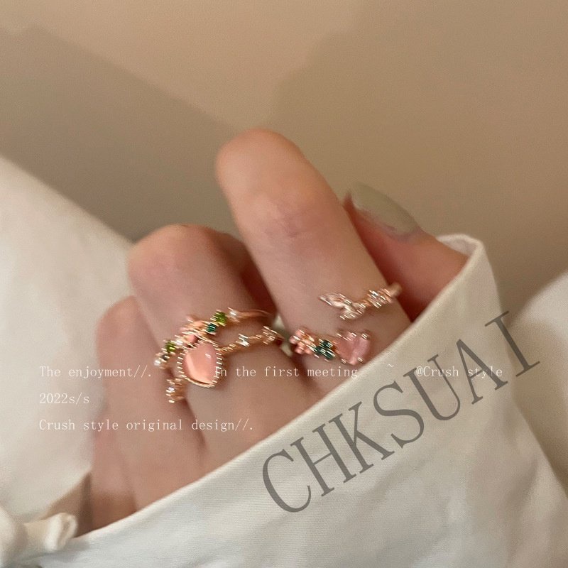 Cincin Bunga Wanita Ganda Hati Zirkon Terbuka Cincin Perempuan Desain Manis Niche Adjustable Ring