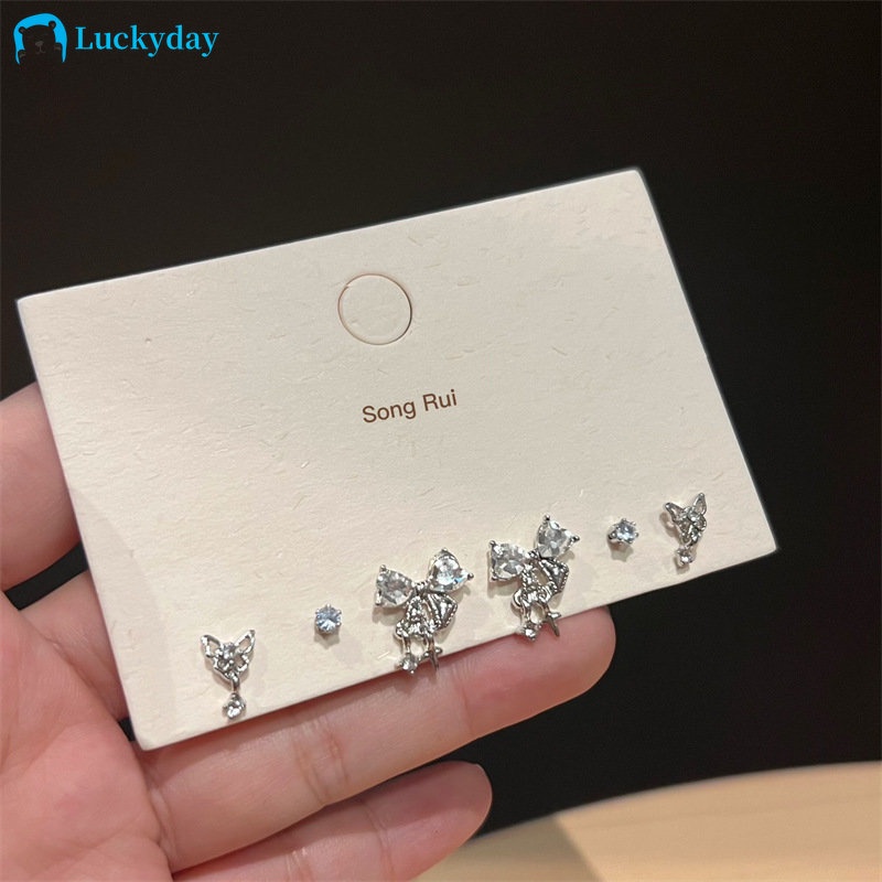 Yeezii 6Pcs/Set Mewah Busur Kupu-Kupu Stud Earring Set Kristal Anting Perak Untuk Wanita Perhiasan Aksesoris