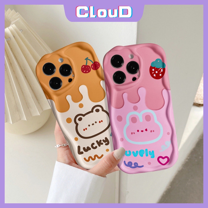 IPHONE Ice Cream Cute Bear Rabbit Case Kompatibel Untuk Iphone7 6s 6 8 Plus XR 11 14 12 13 Pro Max X XS Max 7Plus SE 2020 3D Wavy Curved Edge Glossy Cherry Pasangan Soft Tpu Cover