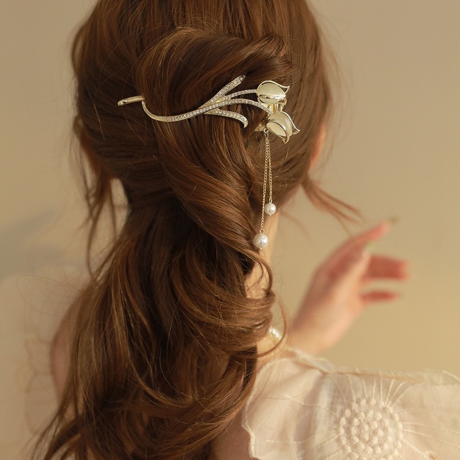 Bunga Tulip Alloy S-shaped Hair Clip Fashion Berlian Imitasi Mutiara Jumbai Jepit Rambut Wanita Aksesoris Rambut
