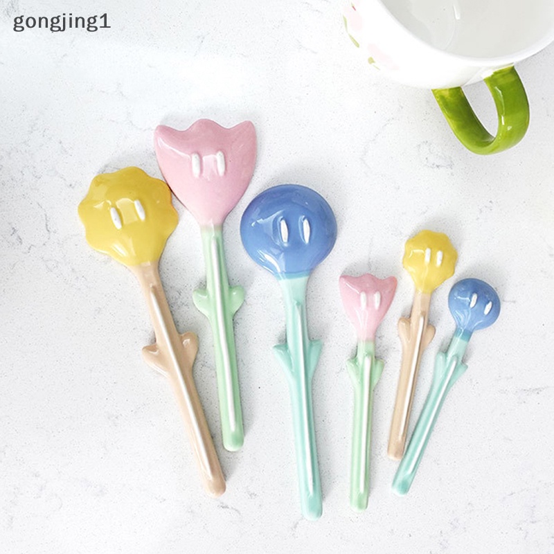 Ggg 1Pc Sendok Keramik Bentuk Tulip 3D Bunga Sendok Kopi Sarapan Dessert Spoon ID