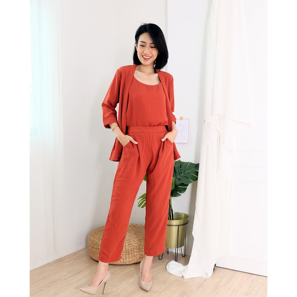 BEFAST - ZNF OOTD WANITA / ONESET JINJI / Set Mirabeth Setelan 3in1 / Oneset Wanita Keluaran Terbaru / Fashion kekinian Remaja ABG / Outfit Daily Wanita Kerja Casual / Setelan Daleman+Outer+Celana Trendy / Pakaian Remaja ABG