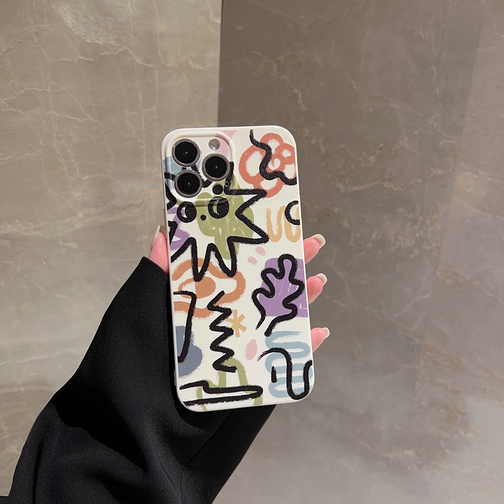 IPHONE Ins Warna Graffiti Silikon Case Untuk Iphone14 11 12 13 PRO MAX Casing Cover Pelindung AT0279