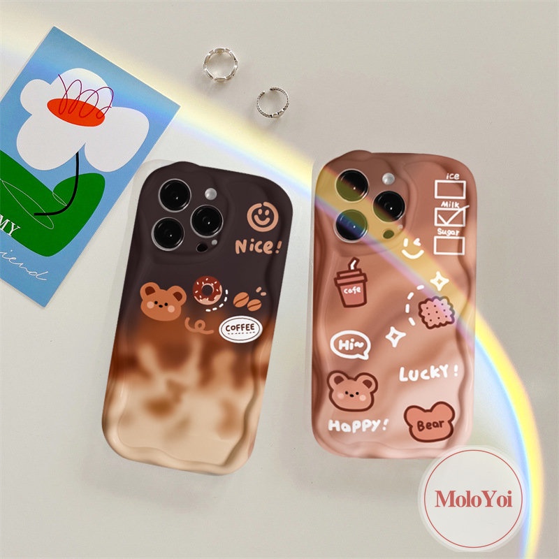 IPHONE Smiley Coffee 3D Wavy Curved Edge Glossy Case Kompatibel Untuk Iphone11 12 13 14 Pro Max XR X XS Max 7Plus 8 6s 6 7 Plus SE 2020 Lucu Kartun Beruang Gradien Telepon Tpu Soft Cover