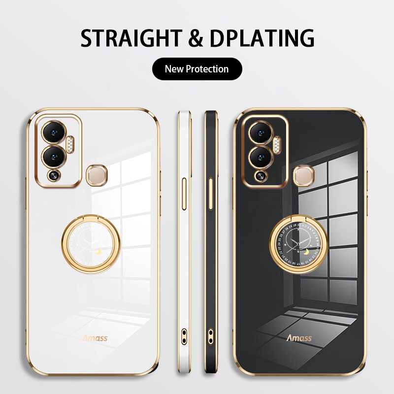 Andyh Casing Ponsel Silikon Ultra Tipis Untuk Infinix Hot12Play NFC Hot 12i X6816 X6816D X6817B X665 X665B Deluxe Fall Protection Gold Band Dengan Jam Cincin Dan Lanyard Gratis