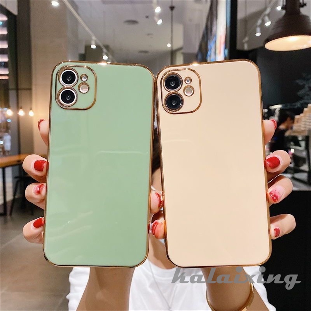 Soft Case Plating Mewah Untuk iPhone 14 Pro Max13 12 11 Pro Max 7plus8plus7 +8+Xs Max XR Square Border Dengan Golden Line