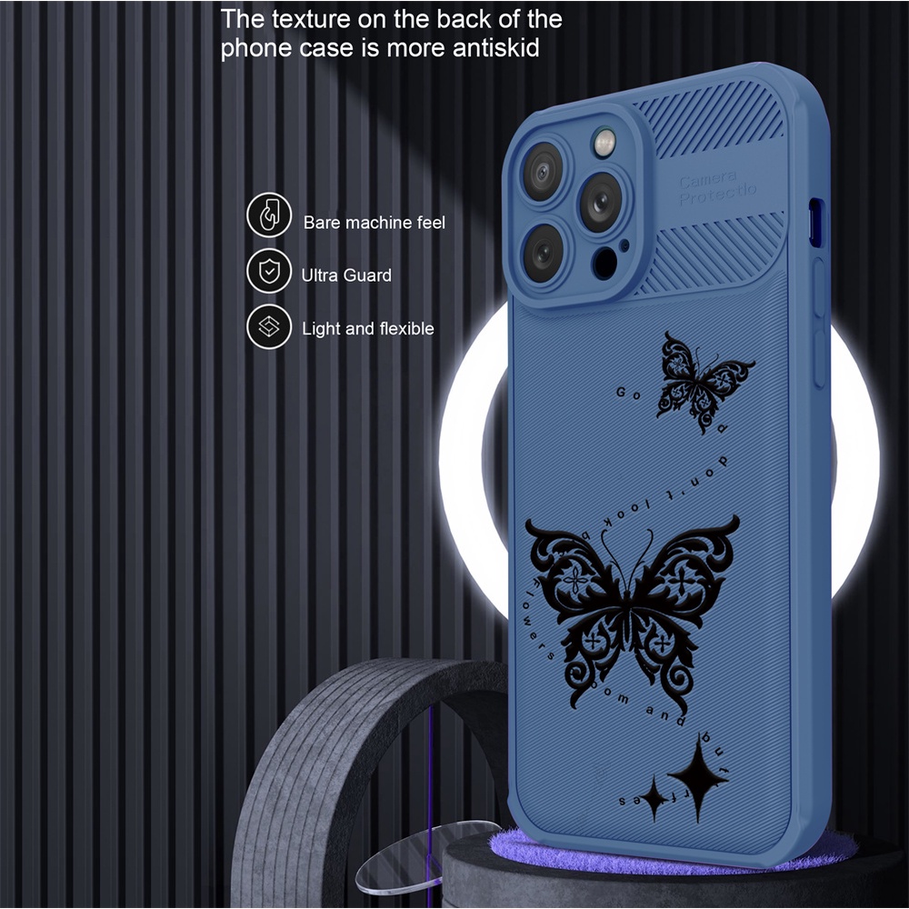 Case Serat Karbon Realme C55 C35 C33 C31 C21Y C25Y RealmeC25 C25S C15 C12 C3 C2 Realme 5 5i 5S 6i C3 Dark Butterfly Cross Grain Phone Case Cover