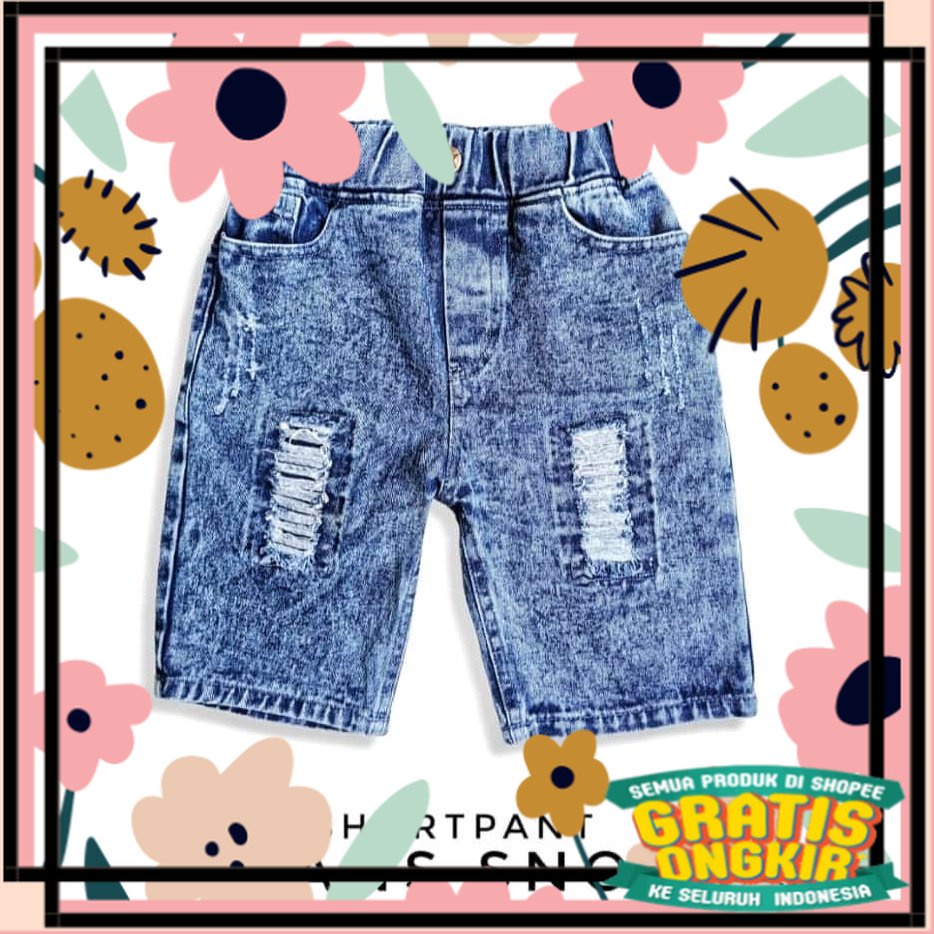 Celana Jeans Anak 3-5 tahun - Celana Anak Laki-laki Jeans Pendek Black Snow Sobek Kancing - Gembo Ki
