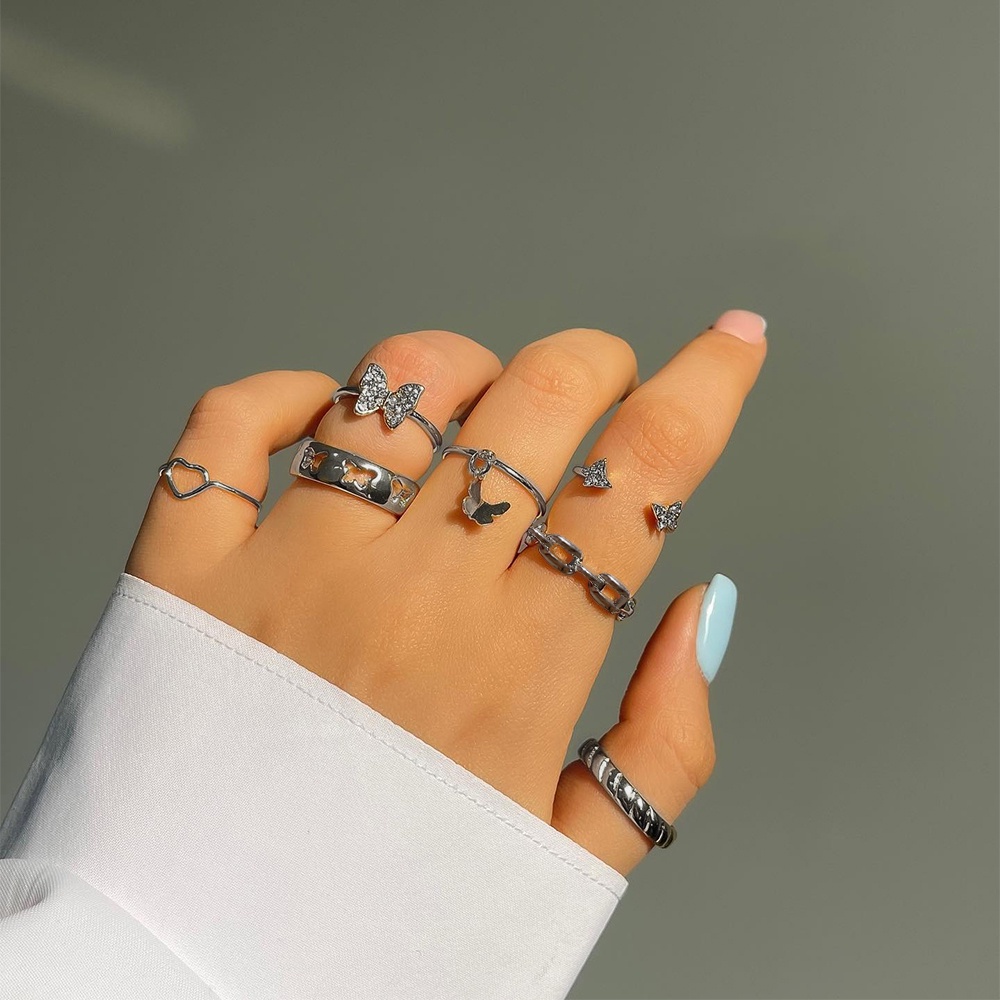 Yeezii 7 Pcs/set Cincin Perak Untuk Wanita Zirkon Kristal Hollow Kupu-Kupu Hati Twist Rings Aksesoris Perhiasan