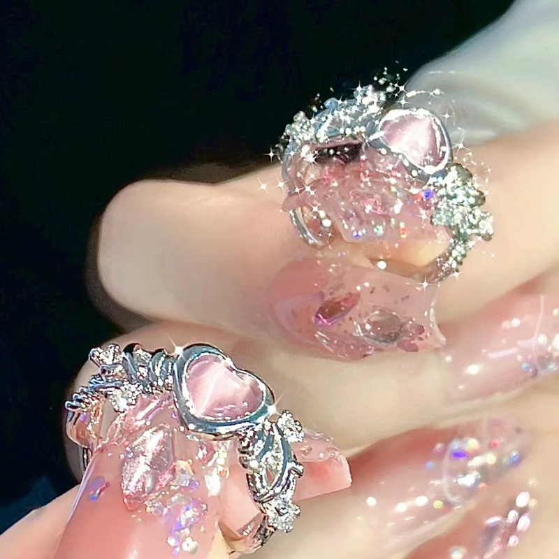 Mewah Pink Kristal Hati Cincin Yang Dapat Disesuaikan Korea Elegan Berlapis Emas Cincin Pertunangan Cincin Berlian Merah Muda Wanita Perhiasan Baru Hadiah Hari Valentine