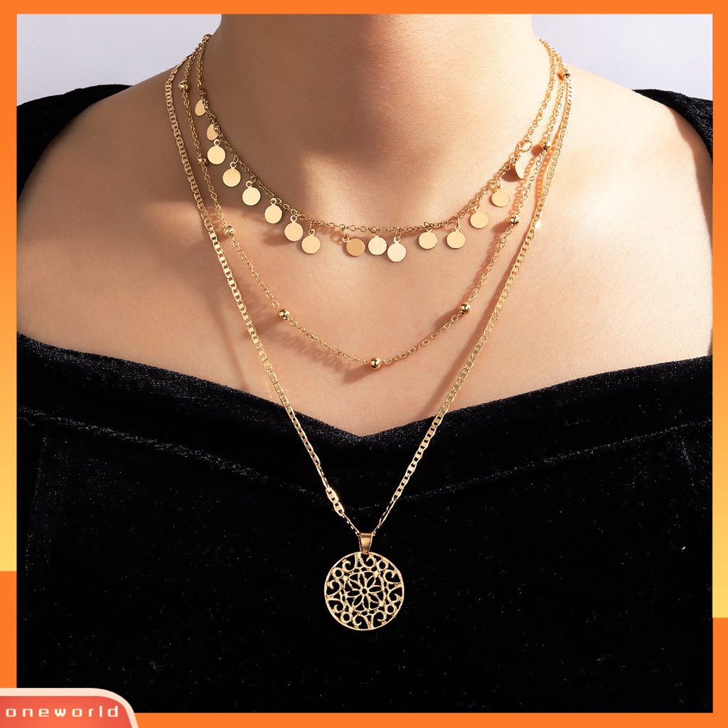 [ONE] Kalung Berongga Bulat Liontin Perhiasan Aksesoris Alloy Fashion 3lapis Choker Necklace Untuk Wanita