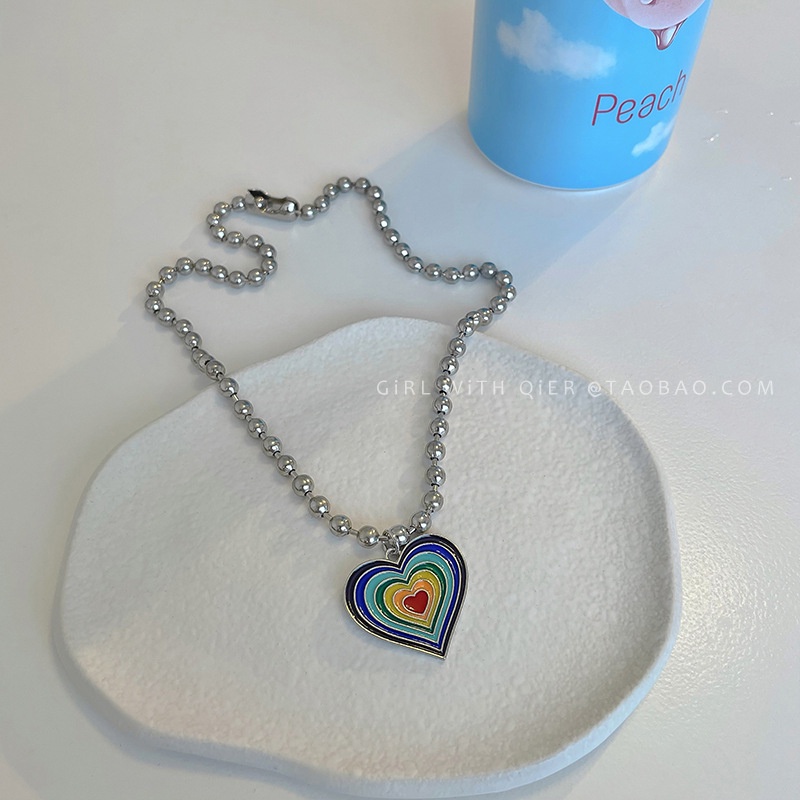 Kalung Liontin Manik Bulat Pelangi Love Drip Glaze Female Gaya Baru Trendy Influencer Cla Unik