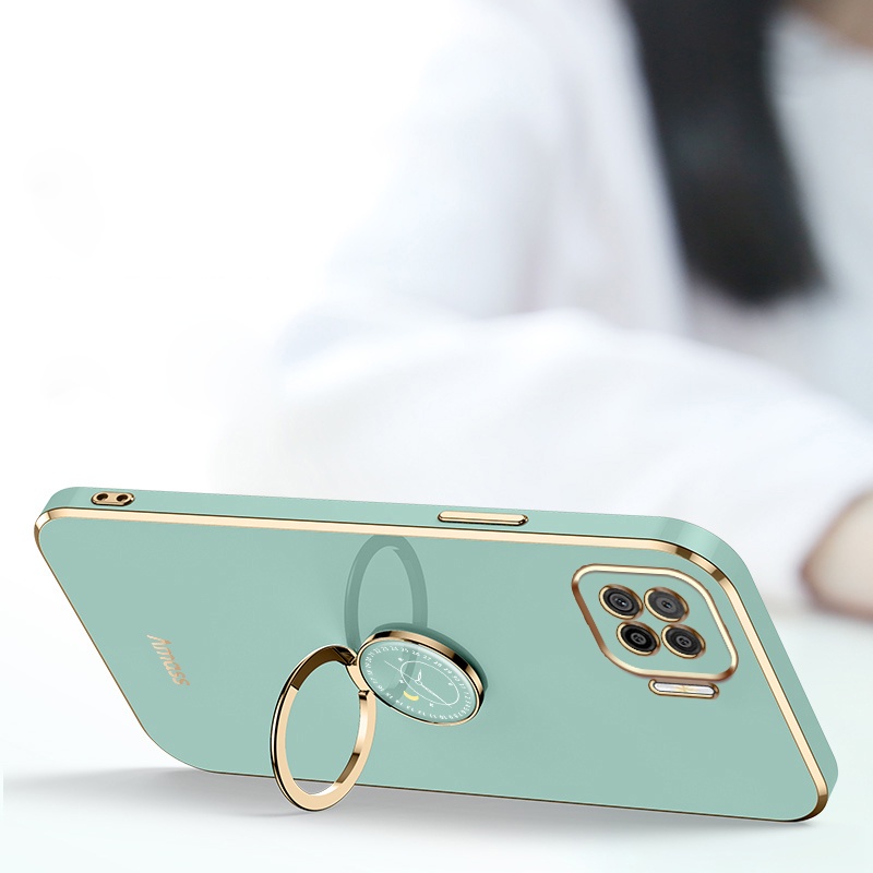 Andyh Casing Ponsel Silikon Ultra Tipis Untuk OPPO A73 2020 F17 A93 2020 Reno 4F F17 Pro Reno 4 Lite Deluxe Perlindungan Jatuh Pita Emas Dengan Jam Cincin Dan Lanyard Gratis