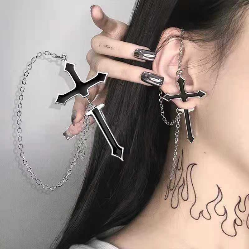 Gothic Pedang Rantai Anting Wanita Berlebihan Cross Rantai Anting Tindik Tekstur Logam Anting Sederhana Fashion Vintage Keren Anting Salib Menjuntai Drop Telinga stud