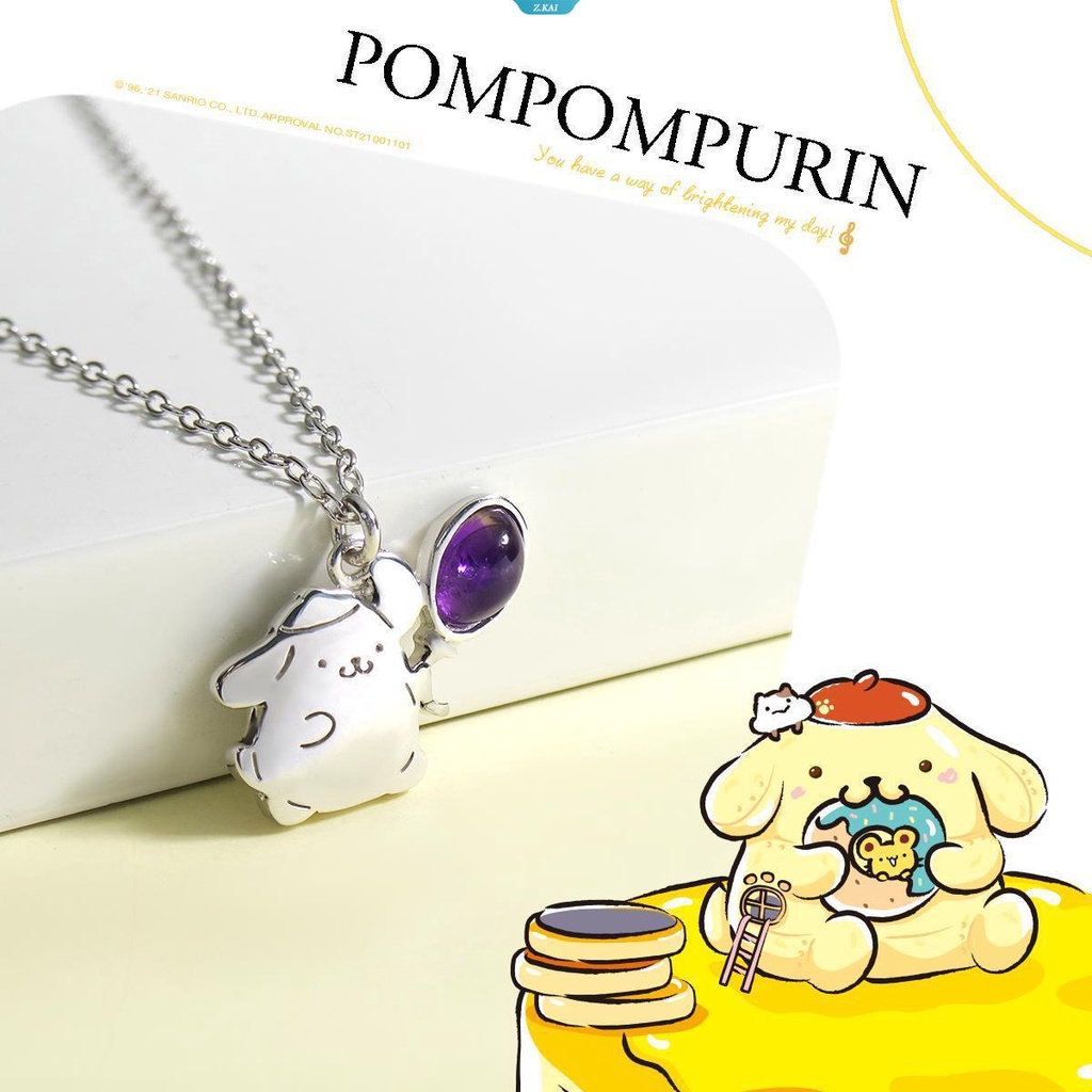 Sanrio Perhiasan PomPomPurin Balon Kristal Batu Permata925 Sterling Silver Kalung Kawaii Sanrio Aksesoris Hadiah Ulang Tahun Anak Perempuan [ZK]