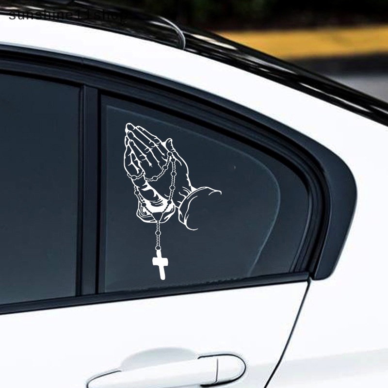 Sho Mobil Berdoa Tangan Dengan Rosario Stiker Decals Religi Kristen Vinyl Decal Tahan Air Decal Auto Dekorasi N