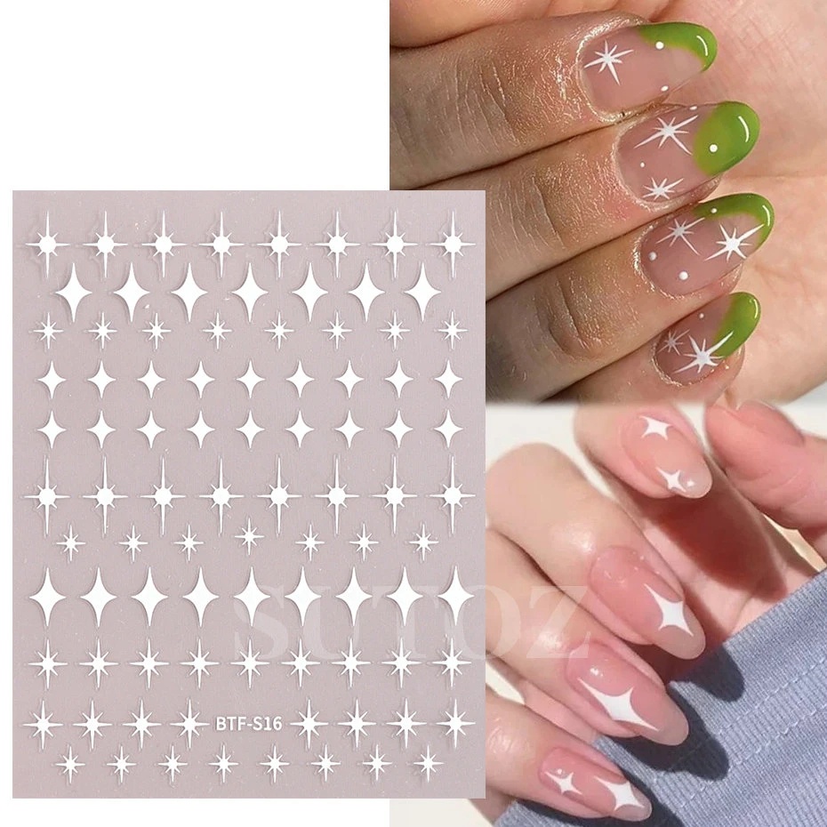 [Unggulan] 1pc 3D Self-Adhesive Star Nail Decals French Four-pointed Star Nail Stickers Simple Gold Silver Manicure Decor DIY Nail Art Alat Kuku Aksesoris Kuku Untuk Wanita