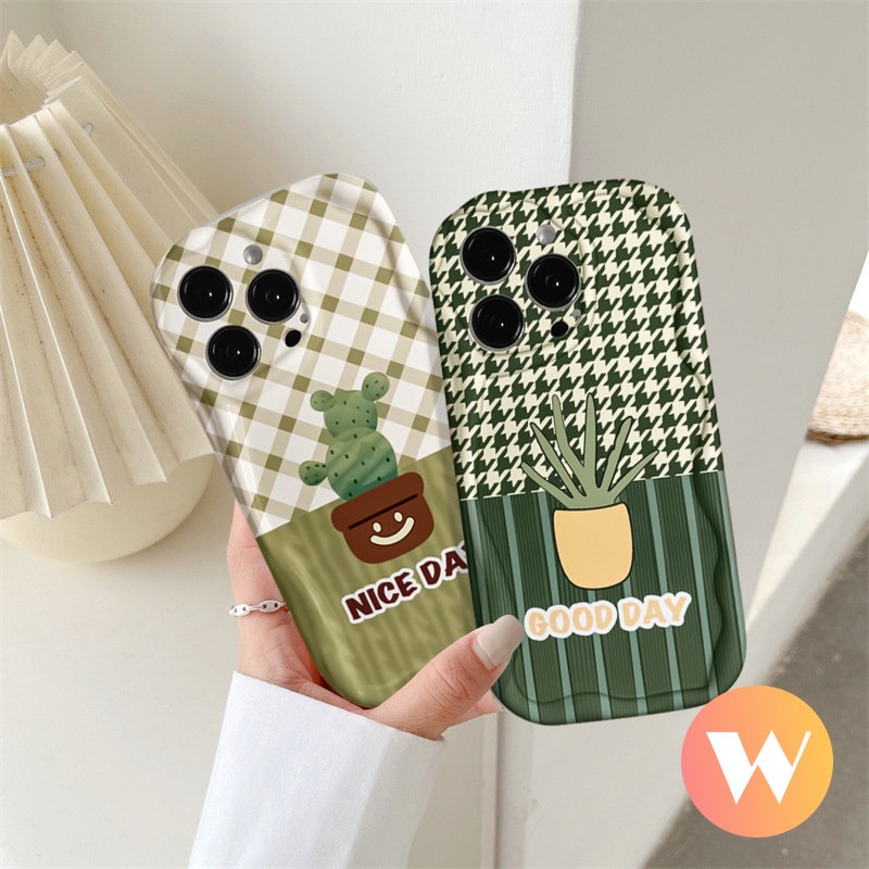 IPHONE Case Kompatibel Untuk Iphone11 14 13 12 Pro Max11 XR 6 6s 7 8 Plus X XS Max SE 2020 3D Bergelombang Tepi Melengkung Segar Pot Tanaman Kaktus Kisi Pola Casing Lembut Tpu Penutup Belakang