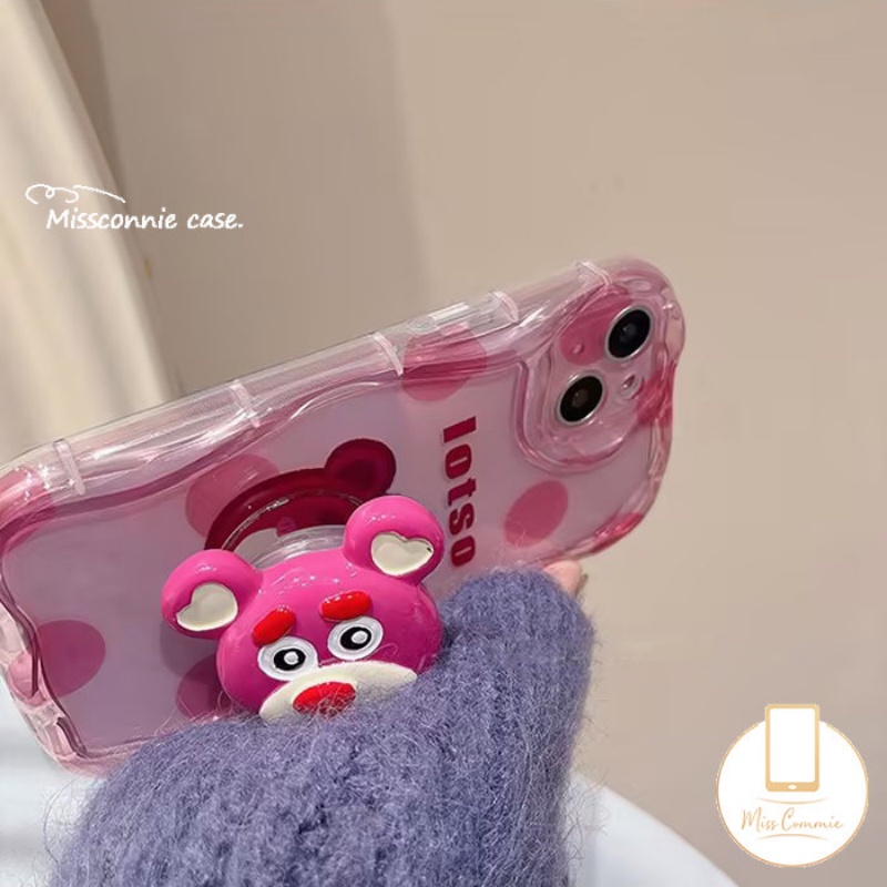 Titik Gelombang Kartun Strawberry Bear Case Untuk Realme C15 C35 C55 C25Y C53 C17 C20A 7i 5i 6i 9i 5 5s C33 C12 C21Y C3 C30 C21 C25s C11 C25 C20 C31 Casing Tepi Bergelombang Melengkung 3D Dengan Bracket