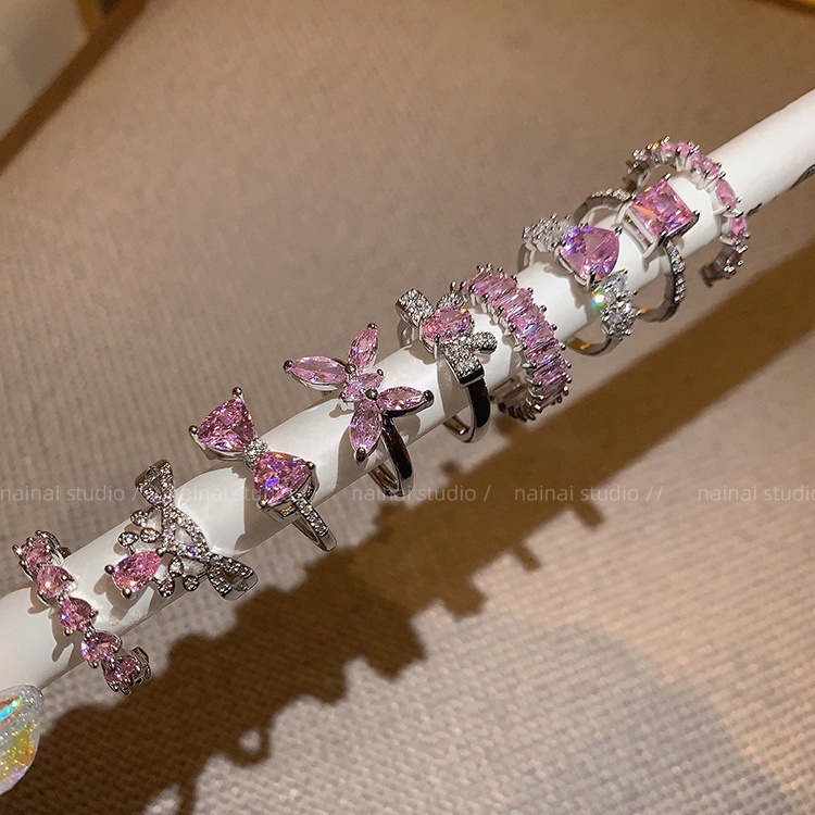 Fashion Adjustable Gemstone Heart Rings Cincin Jari Crtystal Pink Elegan Untuk Aksesoris Perhiasan Wanita Image 3