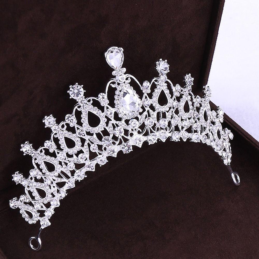 Needway Set Perhiasan Pernikahan Pengantin Temperamen Indah Hadiah Anniversary Elegan Berlian Imitasi Tiara Drop Anting Mahkota Set Perhiasan