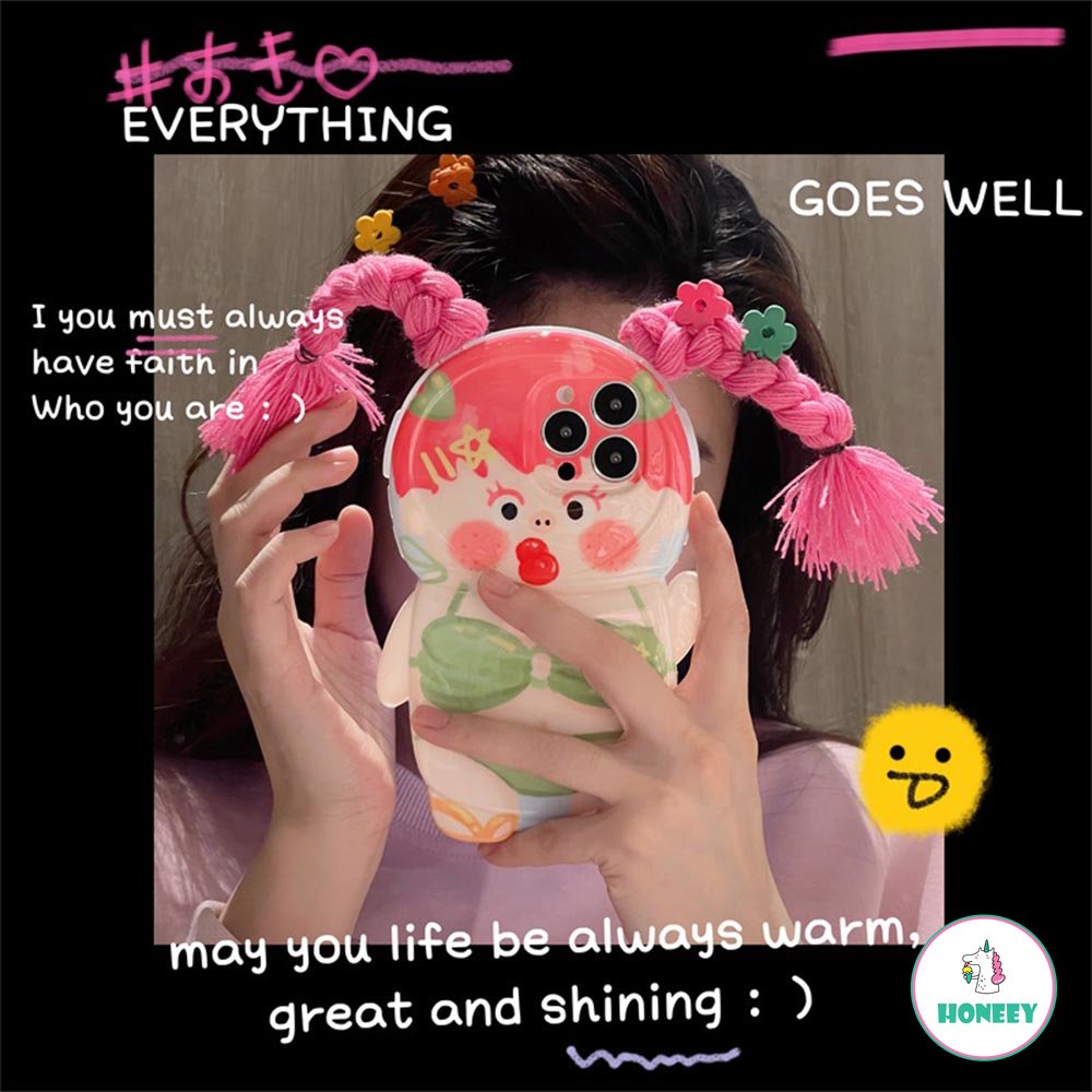 Baju Renang Lucu Gadis Case Untuk iPhone XR XS 14pro Max Case Untuk Iphone13 12 Pro Max11 Fashion 3D Pink Kepang Sarung Hp