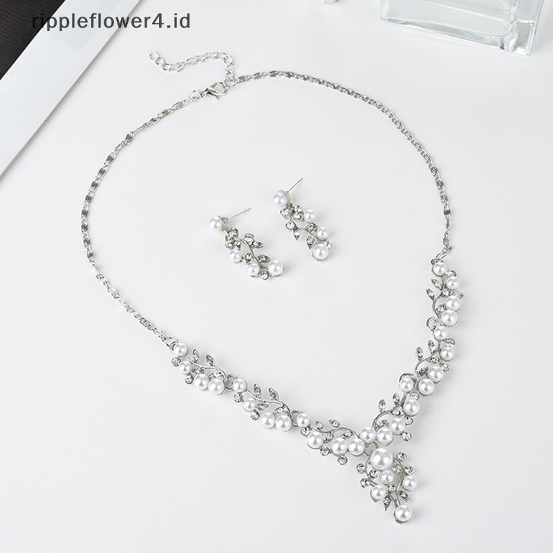 {rippleflower4.id} Set Perhiasan Kalung Anting Mutiara Imitasi Pengantin Elegan~