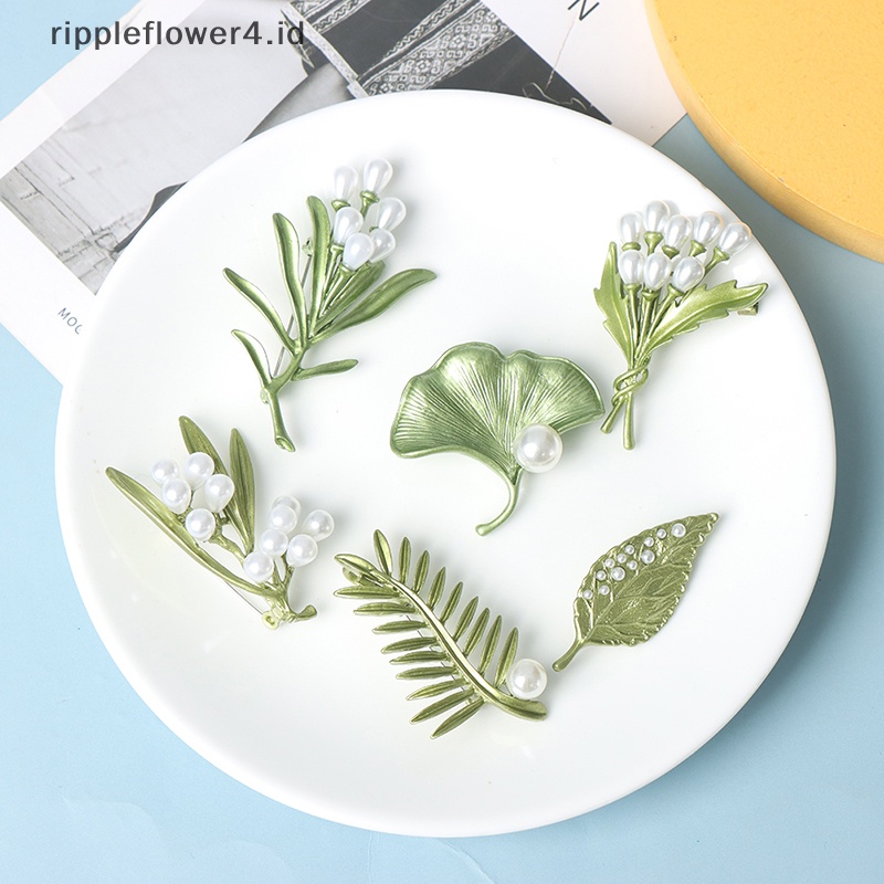 {rippleflower4.id} Vintage Warna Hijau Tanaman Mutiara Pin Pohon Daun Bunga Bros Wanita Perhiasan Hadiah~