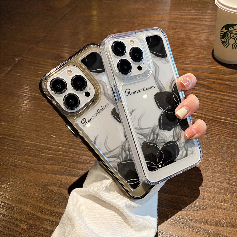 IPHONE Casing Bunga Hitam Romantis Untuk Iphone6 Kompatibel 7 8 6Plus 7Plus 8Plus 11 14 Pro Max X XS XR 11 12 13 14 Pro Max SE 2020 2022 Plating Electroplated Buttons Shockproof Cover